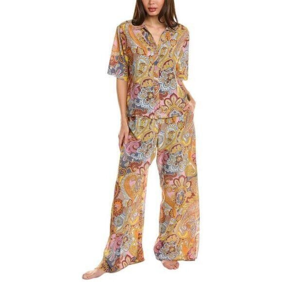 NWT Johnny Was SILK  Brooklyn Pajama Set Size Large 2 Piece Shirt Pant Set - Picture 1 of 14